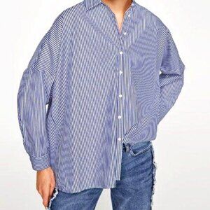 Zara Blue White Striped Collar Front Button Long Sleeve Blouse Size Large NWOT
